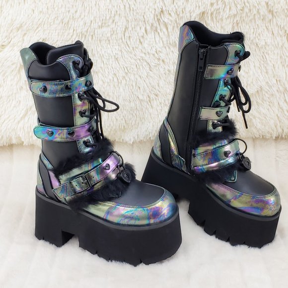 Demonia Shoes - Ash Goth Punk Furry Mid Calf Platform Boots